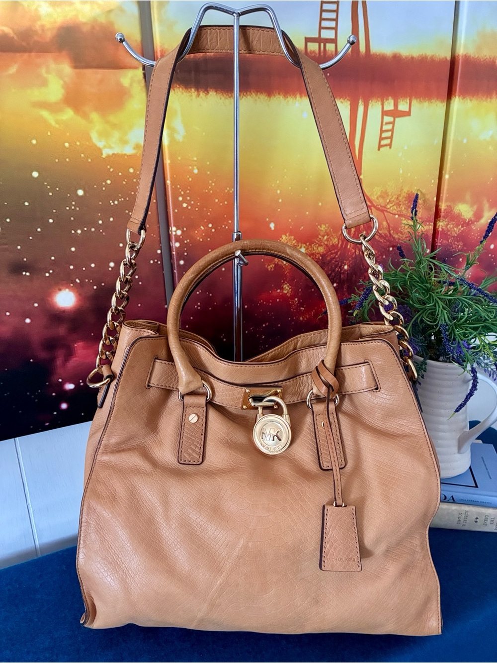 Michael Kors Snakeskin Embossed Leather Satchel with Padlock and Key